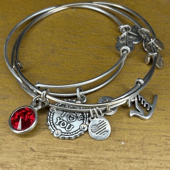 Alex and Ani Set 3 Because I love you, scarlet, and dove charm silver bracelets - Picture 1 of 3